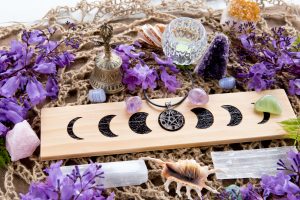 Full,Moon, Witch, Pagan, Moon,Phases, Altar With Crystals